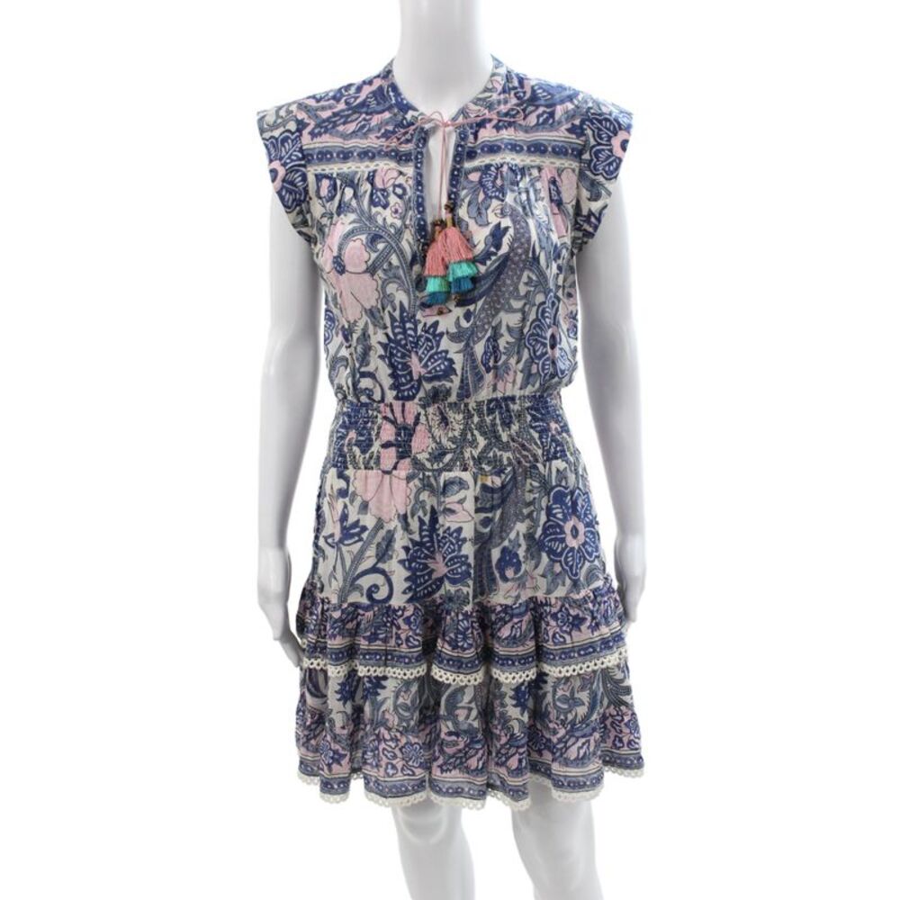 Bell Womens Mini Floral V-Neck Sleeveless Blue Cotton Dress Size S